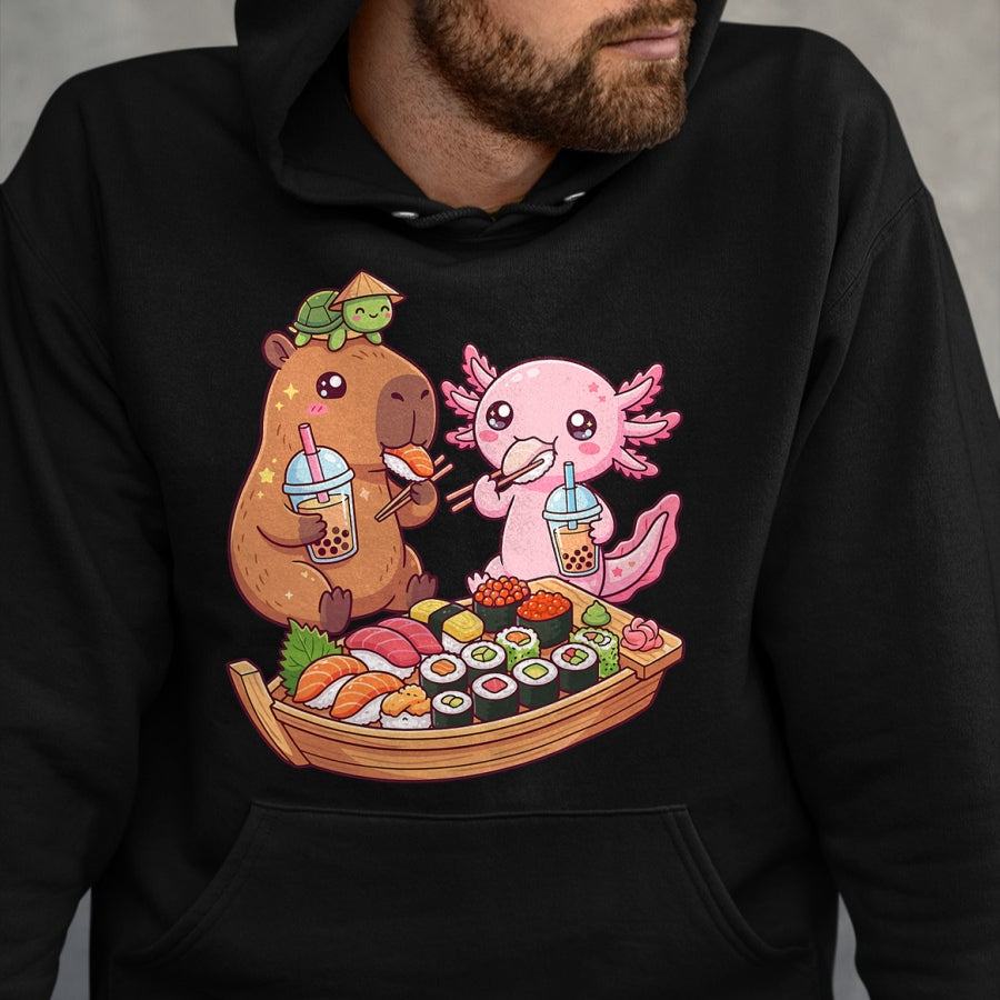 Cute Capybara Shirt, Funny Capybara Unisex T-Shirt/Hoodie/Sweatshirt HLT00 - Cute Capybara Axolotl Sushi Nigiri Bubble Tea Anime Food T-Shirt