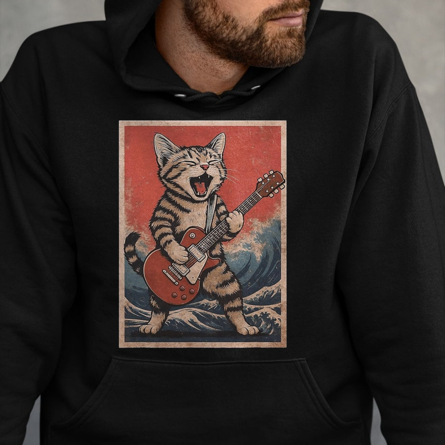 Guitar Lover Shirt, Funny Guitar UnisexT-Shirt/Hoodie/Sweatshirt HLT00 - Cat Playing Guitar Men Women Distressed Rock and Roll T-Shirt, Men, Black, Large
