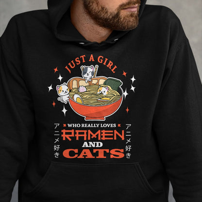 Cat Love Shirt, Funny Cat Lover Gift UnisexT-Shirt/Hoodie/Sweatshirt HLT00 - Just a girl who really loves Ramen and cats Design T-Shirt