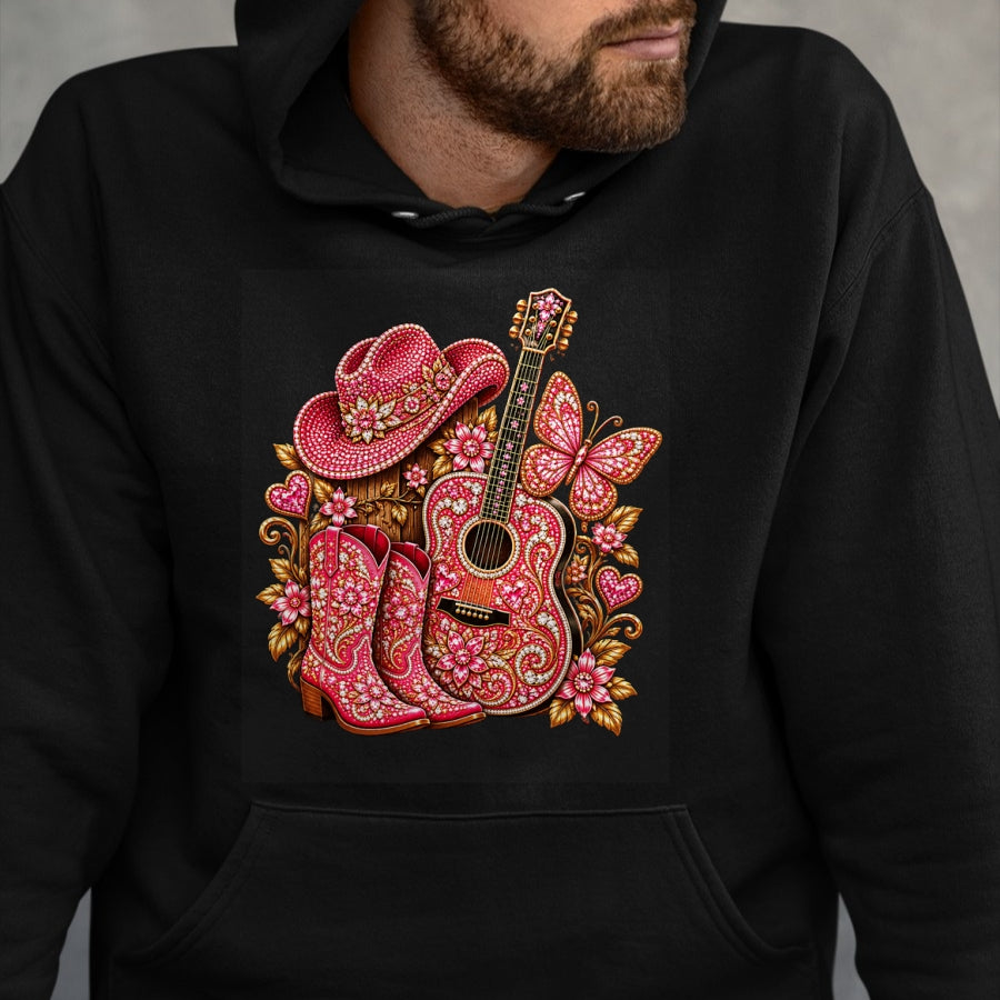 Guitar Lover Shirt, Funny Guitar UnisexT-Shirt/Hoodie/Sweatshirt HLT00 - Bedazzled Butterfly Pink Cowboy Guitar Country T-Shirt