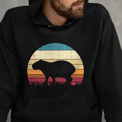 Cute Capybara Shirt, Funny Capybara Unisex T-Shirt/Hoodie/Sweatshirt HLT00 - Capybara Silhouette Sunset Retro Capy Rodent Men Women Kids T-Shirt