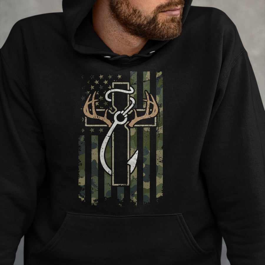 Christian Tee, Christian Faith Unisex T-Shirt/Hoodie/Sweatshirt HLT00 - Hunting Fishing Faith - Christian Hunter Fisherman Camo USA T-Shirt