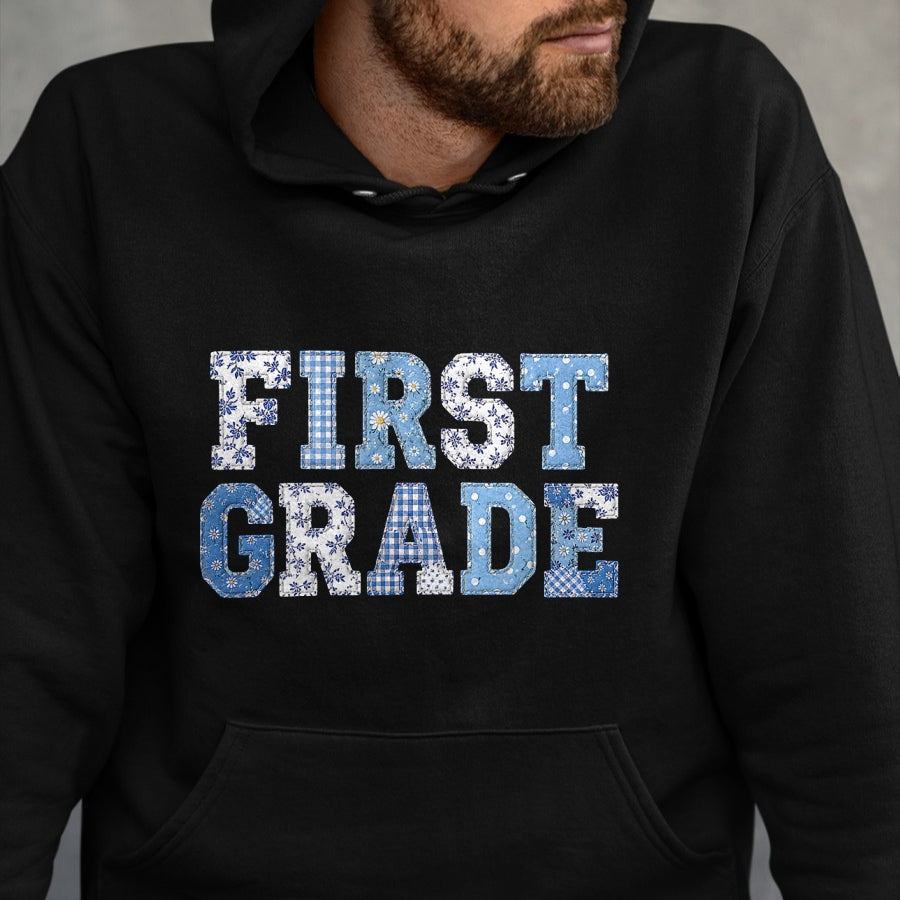 Best Student Shirt, Funny Back To School UnisexT-Shirt/Hoodie/Sweatshirt HLT00 - 1st First Grade Teacher Blue Patchwork Back to School Girls T-Shirt