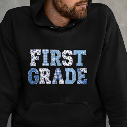 Best Student Shirt, Funny Back To School UnisexT-Shirt/Hoodie/Sweatshirt HLT00 - 1st First Grade Teacher Blue Patchwork Back to School Girls T-Shirt