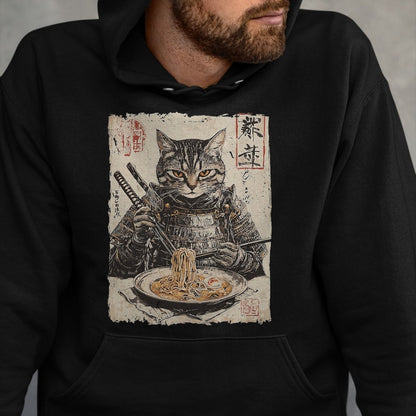 Cat Love Shirt, Funny Cat Lover Gift UnisexT-Shirt/Hoodie/Sweatshirt HLT00 - Samurai Cat Loves Ramen Funny Anime Japanese Artwork Samurai T-Shirt, Men, Black, X-Large