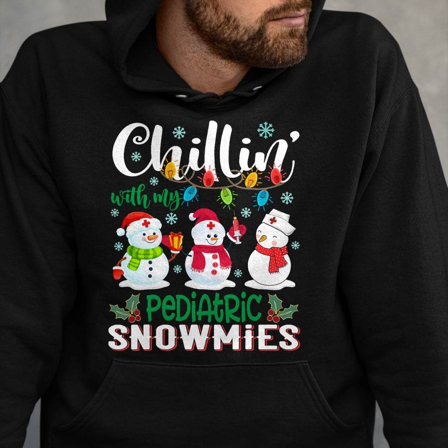 Funny Nurse Shirt, Nurse Unisex T-Shirt/Hoodie/Sweatshirt HLT00 - Chillin With My Pediatric Snowmies Nurse Light Christmas T-Shirt