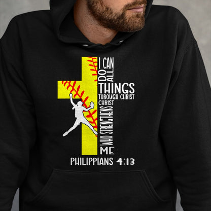 Christian Tee, Christian Faith Unisex T-Shirt/Hoodie/Sweatshirt HLT00 - I Can Do All Things Through Christ Softball Christian Bible T-Shirt