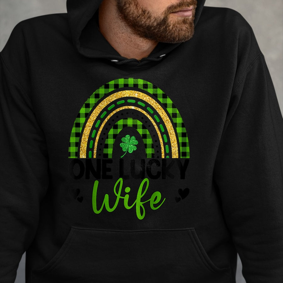 Best Wife Shirt, Wife and Husband Unisex T-Shirt/Hoodie/Sweatshirt HLT00 - Gift for wife T shirt, lucky wife   Womens One Lucky Wife Boho Rainbow St Patricks Day Shamrock Ragl