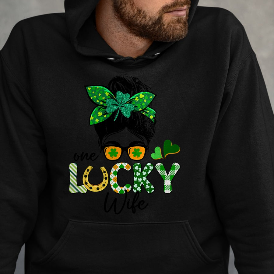 Best Wife Shirt, Wife and Husband Unisex T-Shirt/Hoodie/Sweatshirt HLT00 - Gift for wife T shirt, lucky wife   One Lucky Wife Messy Bun Irish St Patricks Day Shamrock T-Shirt
