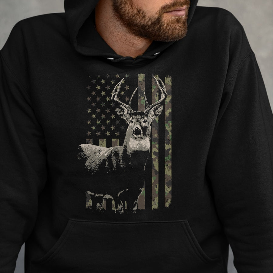 Funny Hunting Shirt, Gift For Hunting Lover Unisex T-Shirt/Hoodie/Sweatshirt HLT00 - Hunting Camo American Flag Deer T-Shirt