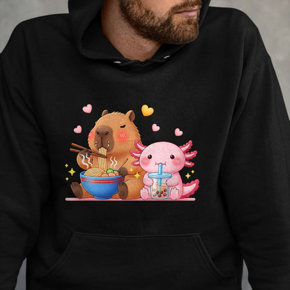 Cute Capybara Shirt, Funny Capybara Unisex T-Shirt/Hoodie/Sweatshirt HLT00 - Cute Capybara Ramen and Axolotl Boba Kawaii Boys Girls Kids T-Shirt