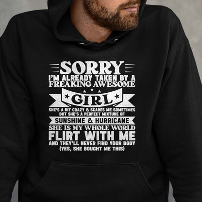 Best Wife Shirt, Wife and Husband Unisex T-Shirt/Hoodie/Sweatshirt HLT00 - Sorry I'm Already Taken By Freaking Awesome Girl Boyfriend T-Shirt (1)