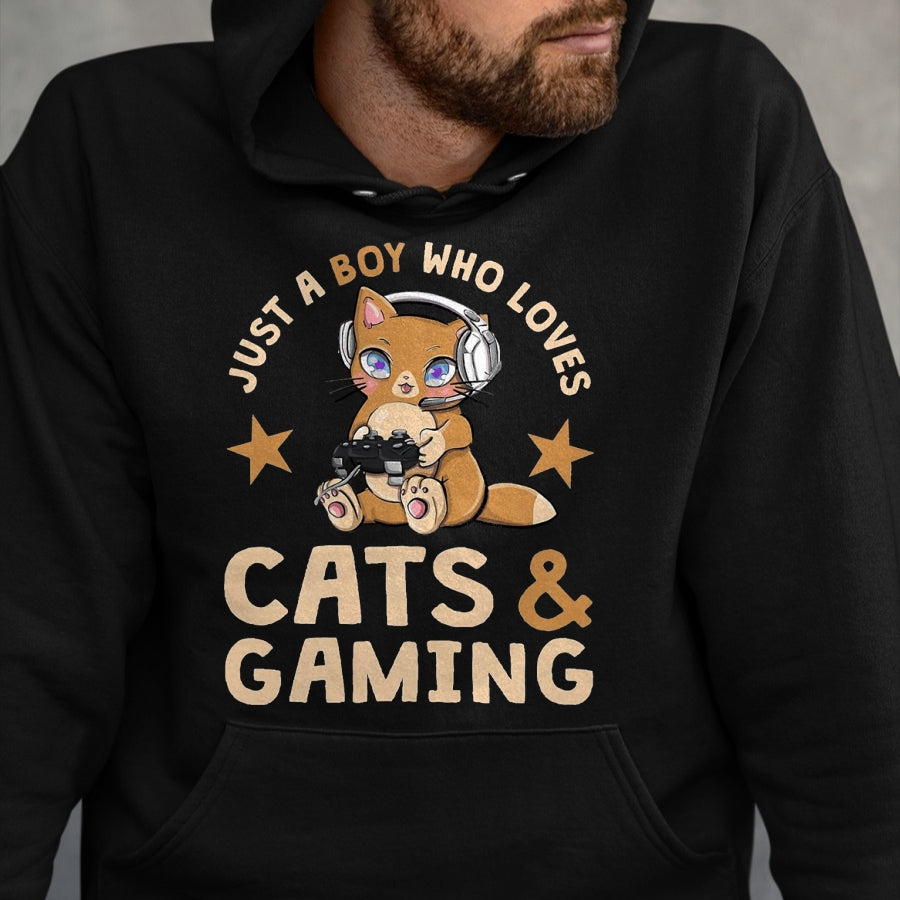 Cat Love Shirt, Funny Cat Lover Gift UnisexT-Shirt/Hoodie/Sweatshirt HLT00 - Just A Boy Who Loves Cats and Gaming Cute Gamer Cat T-Shirt, Men, Black, 3X-Large