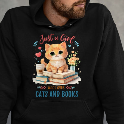 Cat Love Shirt, Funny Cat Lover Gift UnisexT-Shirt/Hoodie/Sweatshirt HLT00 - Just a Girl Who Loves Cats and Books Reading Cat & Bookworm Long Sleeve T-Shirt