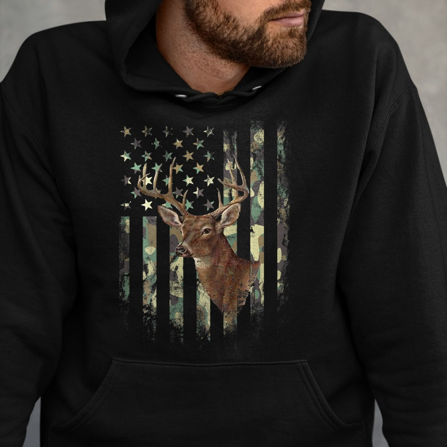 Funny Hunting Shirt, Gift For Hunting Lover Unisex T-Shirt/Hoodie/Sweatshirt HLT00 - (Art on Back) American Flag Deer Hunting Camo T-Shirt