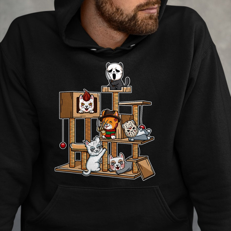 Cat Love Shirt, Funny Cat Lover Gift UnisexT-Shirt/Hoodie/Sweatshirt HLT00 - Funny Horror Movie Kitten Playing On Cat Tree T-Shirt