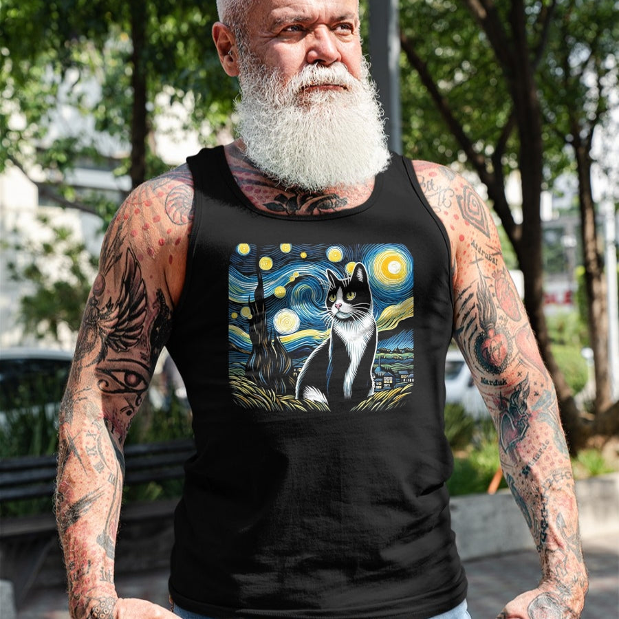 Cat Love Shirt, Funny Cat Lover Gift UnisexT-Shirt/Hoodie/Sweatshirt HLT00 - Tuxedo Cat Starry Night Painting Tuxedo Cat Owner T-Shirt, Men, Black, 3X-Large