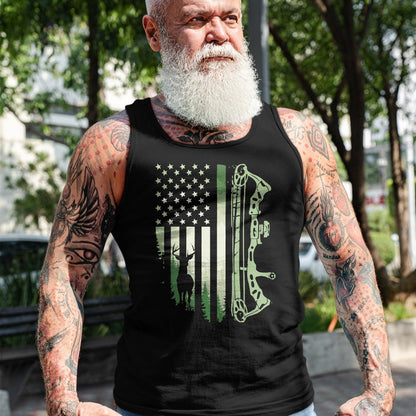 Funny Hunting Shirt, Gift For Hunting Lover Unisex T-Shirt/Hoodie/Sweatshirt HLT00 - Patriotic Bowhunting USA Flag Bow Archery Deer Hunting Wild T-Shirt