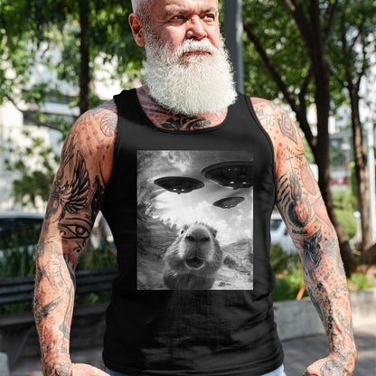 Cute Capybara Shirt, Funny Capybara Unisex T-Shirt/Hoodie/Sweatshirt HLT00 - Funny Capybara Selfie with UFOs Weird Graphic Tee Alien UFO T-Shirt