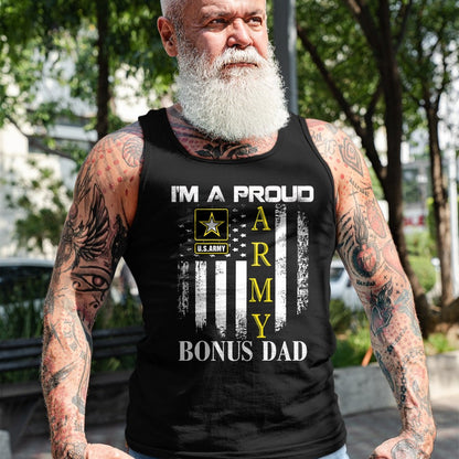 Gift for Dad Shirt, Funny Dad Unisex T-Shirt/Hoodie/Sweatshirt HLT00 – Vintage I_m A Proud Army Bonus Dad With American Flag Gift T-Shirt