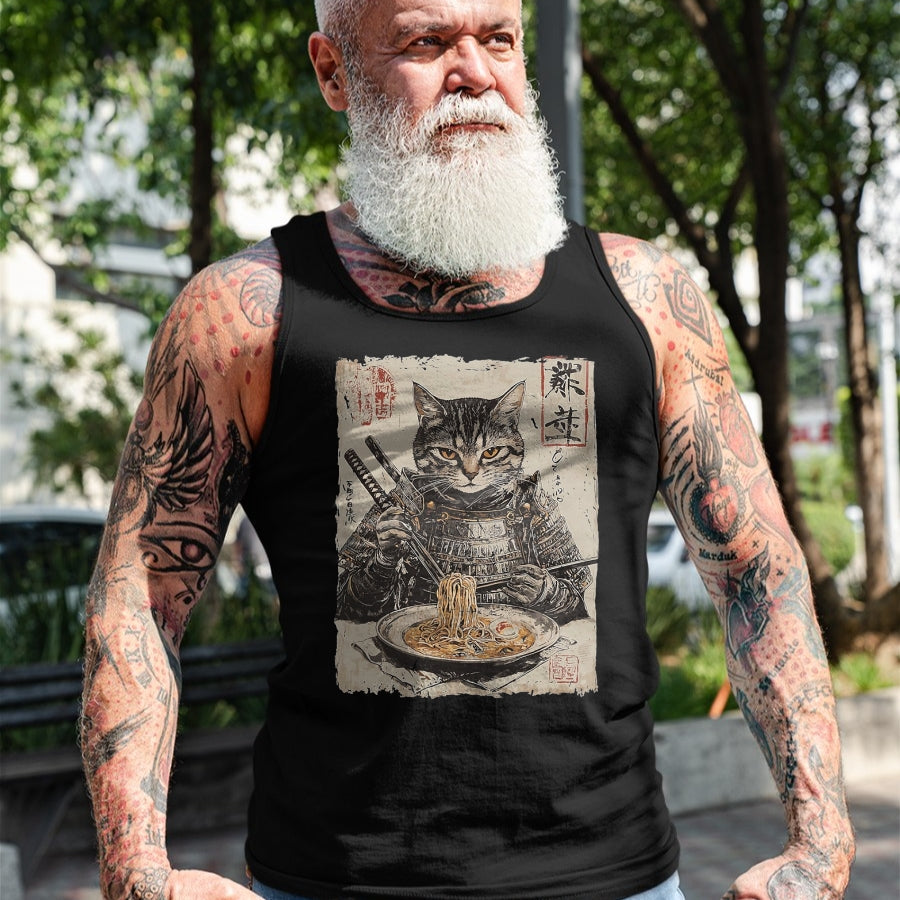 Cat Love Shirt, Funny Cat Lover Gift UnisexT-Shirt/Hoodie/Sweatshirt HLT00 - Samurai Cat Loves Ramen Funny Anime Japanese Artwork Samurai T-Shirt, Men, Black, X-Large