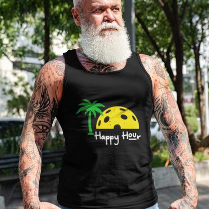 Funny Pickleball Shirt, Pickleball Lover Unisex T-Shirt/Hoodie/Sweatshirt HLT00 - Pickle Ball Happy Hour Palm Tree Pickleball Men Women Kids T-Shirt