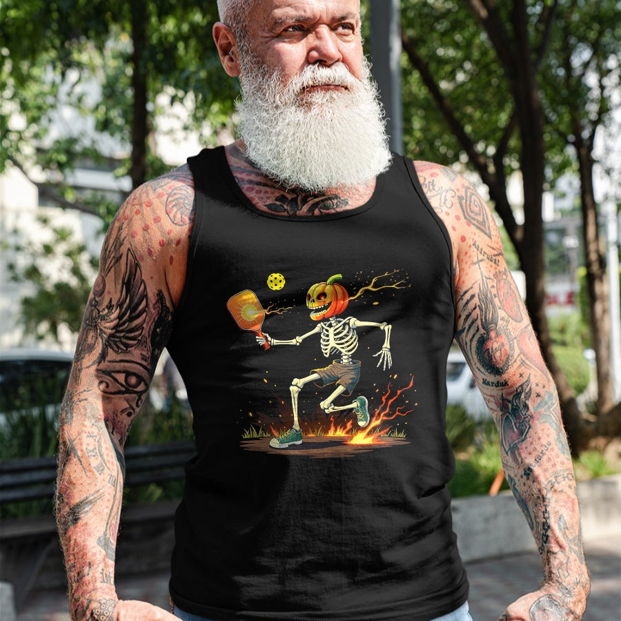 Funny Pickleball Shirt, Pickleball Lover Unisex T-Shirt/Hoodie/Sweatshirt HLT00 - Pumpkin Head Skeleton Pickleball Halloween Spooky Sports T-Shirt