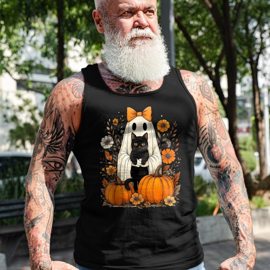 Cat Love Shirt, Funny Cat Lover Gift UnisexT-Shirt/Hoodie/Sweatshirt HLT00 - Vintage Halloween Ghost Holding Black Cat Groovy Floral T-Shirt, Women_s Plus, Black, 2X