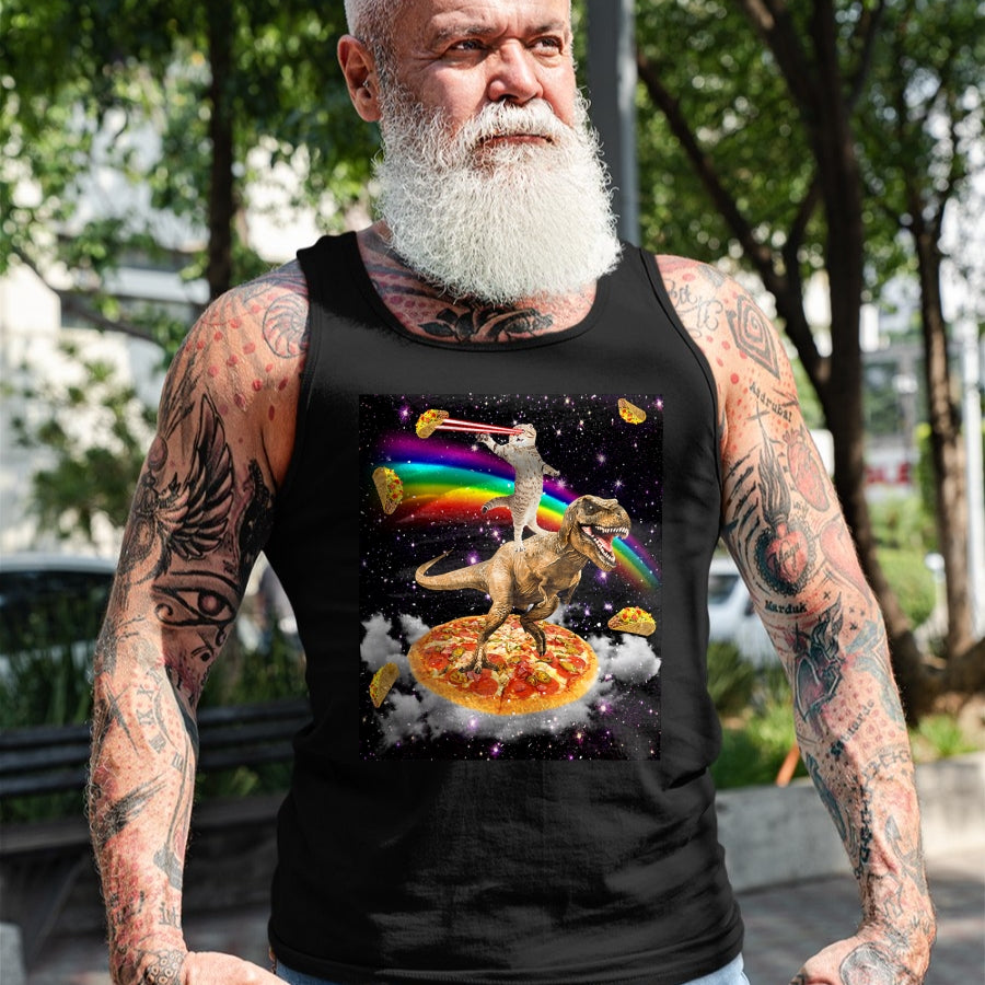 Cat Love Shirt, Funny Cat Lover Gift UnisexT-Shirt/Hoodie/Sweatshirt HLT00 - Galaxy Laser Cat on Dinosaur on Pizza with Tacos & Rainbow T-Shirt