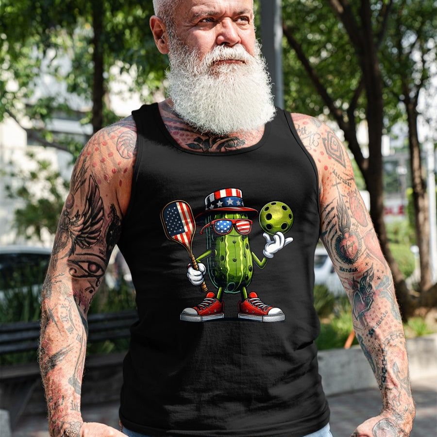 Funny Pickleball Shirt, Pickleball Lover Unisex T-Shirt/Hoodie/Sweatshirt HLT00 - 4th of July Patriotic Pickle Playing pickleball Paddle T-Shirt