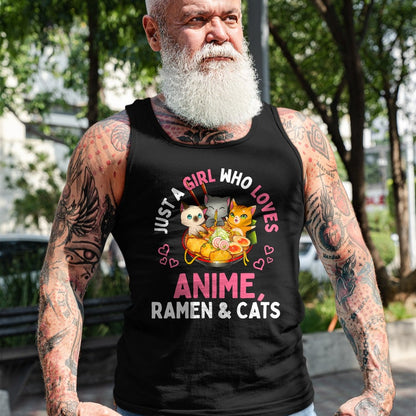 Cat Love Shirt, Funny Cat Lover Gift UnisexT-Shirt/Hoodie/Sweatshirt HLT00 - Just a Girl Who Loves Anime Ramen and Cats Kawaii Manga Gift Long Sleeve T-Shirt