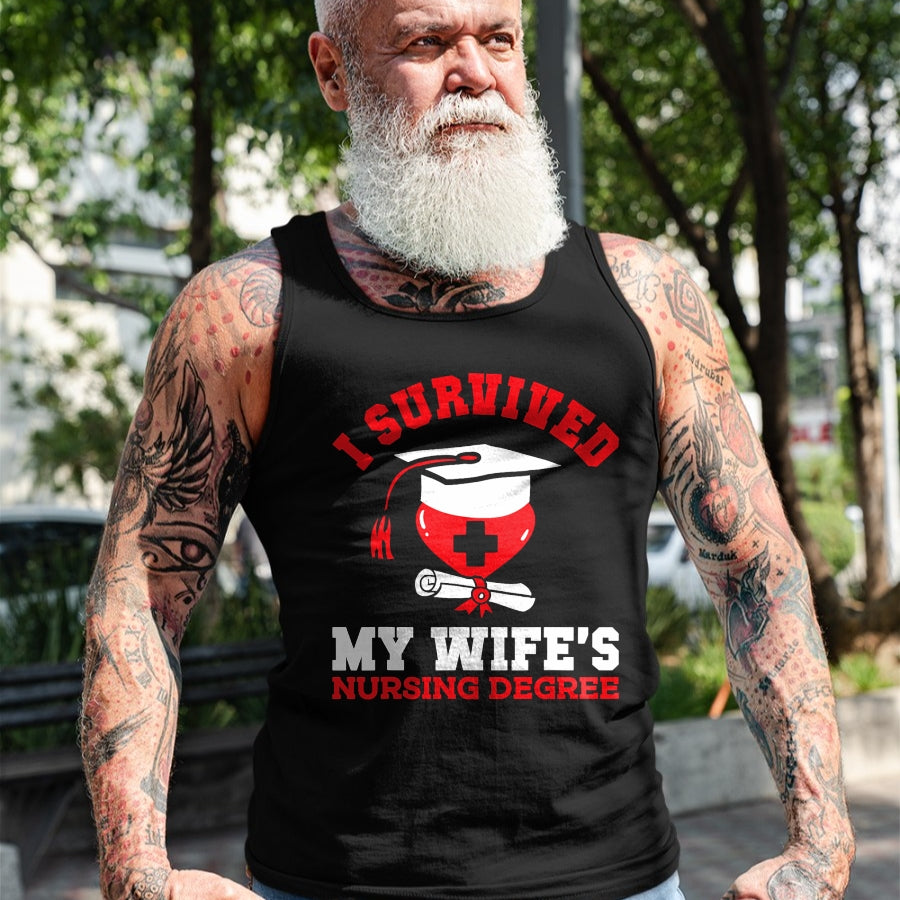 Funny Nurse Shirt, Nurse Unisex T-Shirt/Hoodie/Sweatshirt HLT00 - I Survived My Wife's Nursing Degree Nurse RN Graduation 2024 T-Shirt