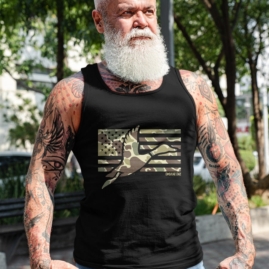 Funny Hunting Shirt, Gift For Hunting Lover Unisex T-Shirt/Hoodie/Sweatshirt HLT00 - Camo Patriotic Mallard Duck Camouflage Flying Duck Hunting T-Shirt