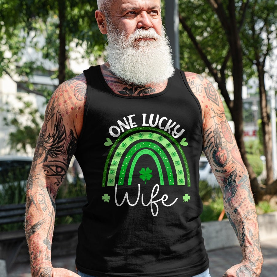 Best Wife Shirt, Wife and Husband Unisex T-Shirt/Hoodie/Sweatshirt HLT00 - Gift for wife T shirt, lucky wife   Womens One Lucky Wife Rainbow Irish St Patricks Day Shamrock V-N
