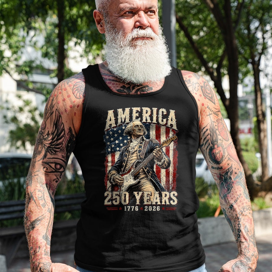 Guitar Lover Shirt, Funny Guitar UnisexT-Shirt/Hoodie/Sweatshirt HLT00 - Vintage George Washington Playing Guitar 250 Years America T-Shirt, Men, Black, 3X-Large