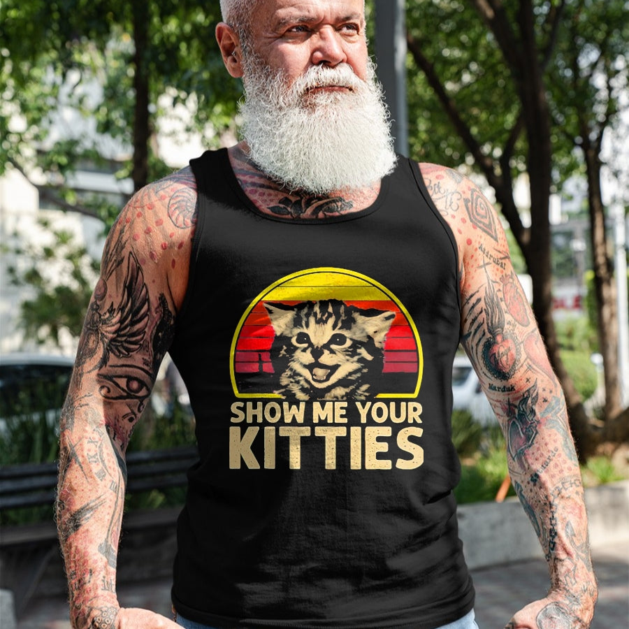 Cat Love Shirt, Funny Cat Lover Gift UnisexT-Shirt/Hoodie/Sweatshirt HLT00 - Show me Your Kitties Cat Lover Retro Vintage Sunset T-Shirt, Men, Black, 3X-Large
