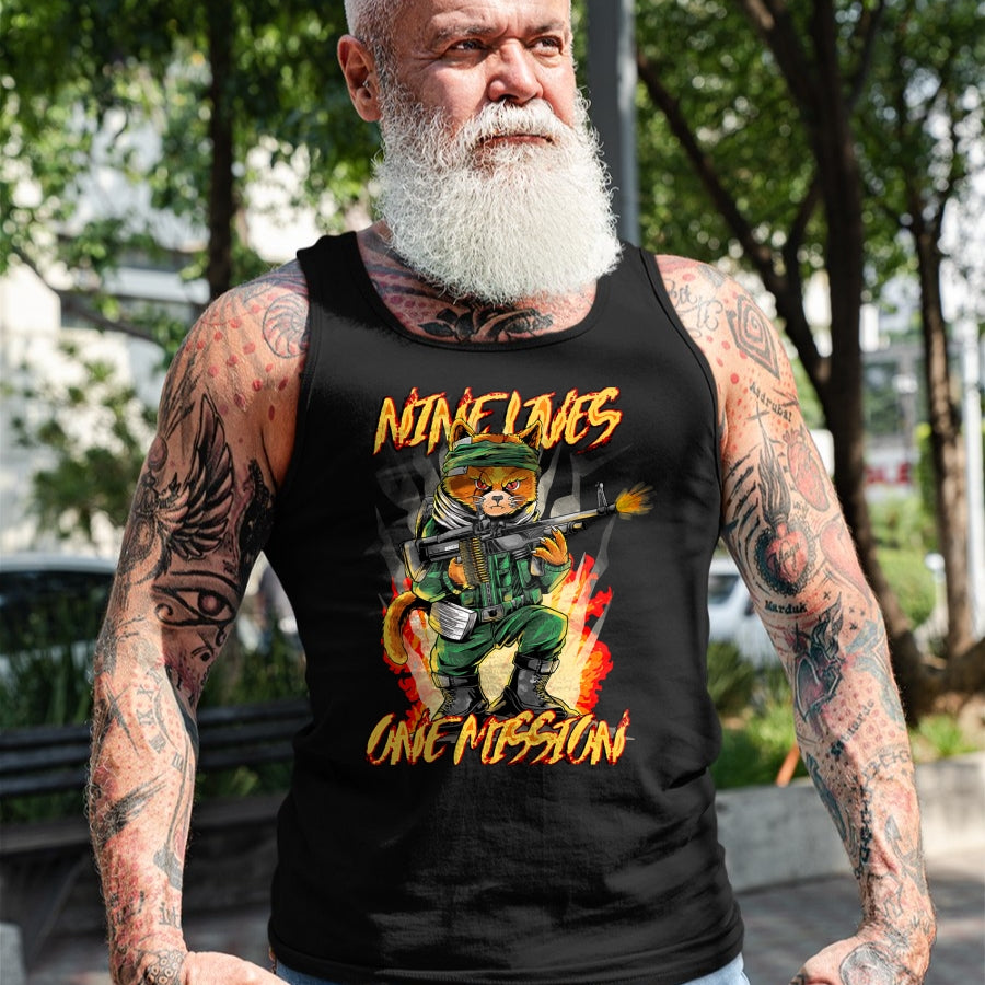Cat Love Shirt, Funny Cat Lover Gift UnisexT-Shirt/Hoodie/Sweatshirt HLT00 - Nine Lives One Mission Cat with M60 Machine Gun Graphic T-Shirt
