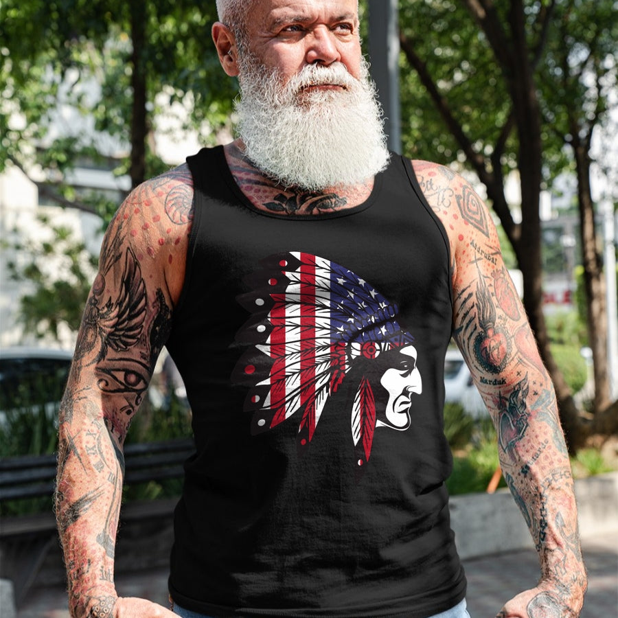 Native American T-Shirts, Vintage Native American Unisex T-Shirt/Hoodie/Sweatshirt HLT00 - Native American Indian Chief American USA Flag 4th Of July