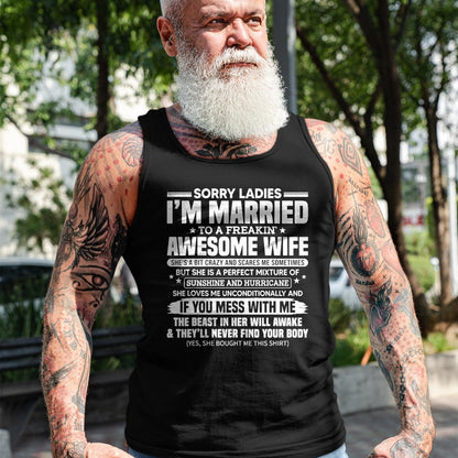 Best Husband Shirt, Wife and Husband Unisex T-Shirt/Hoodie/Sweatshirt HLT00 - Sorry Ladies I_m Married to A Freakin_ Awesome Wife Gift T-Shirt (2)
