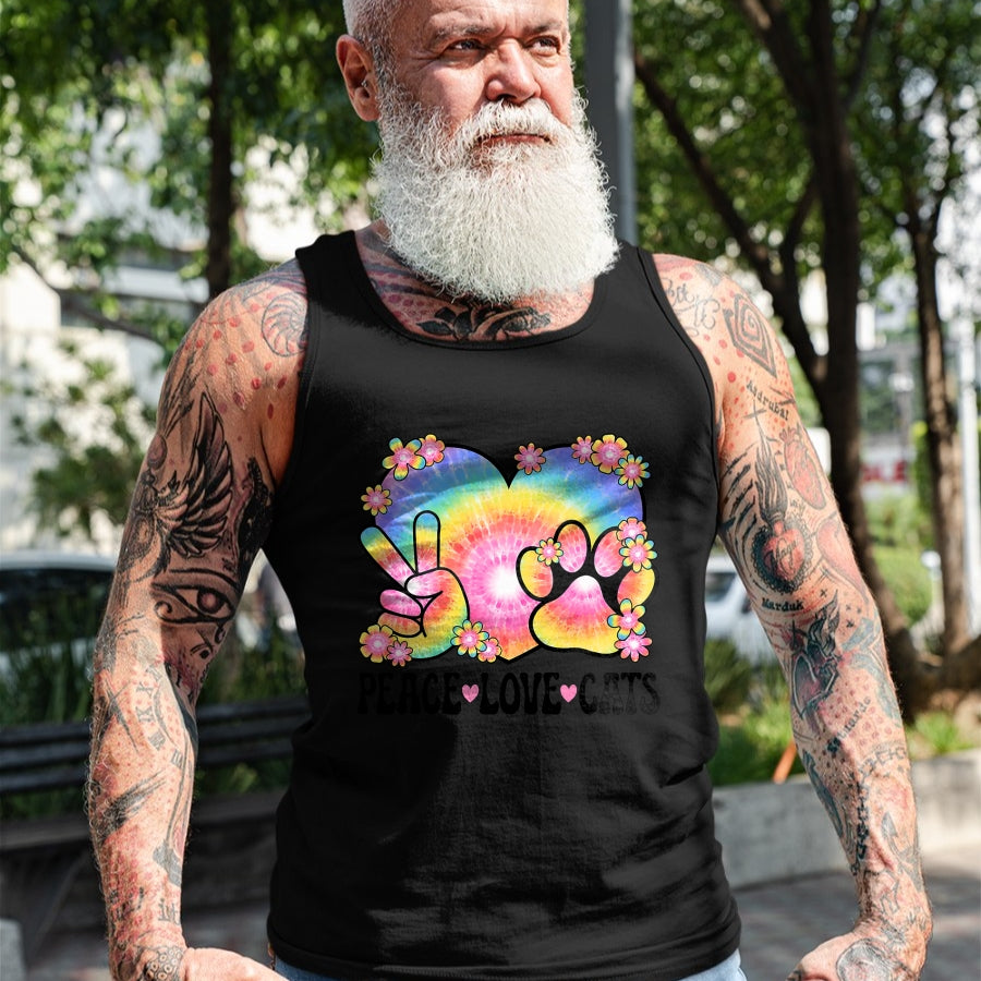 Cat Love Shirt, Funny Cat Lover Gift UnisexT-Shirt/Hoodie/Sweatshirt HLT00 - Peace Love Cats Owner 60s 70s Hippie Outfit Cute Cat Lover Men Women Kids T-Shirt