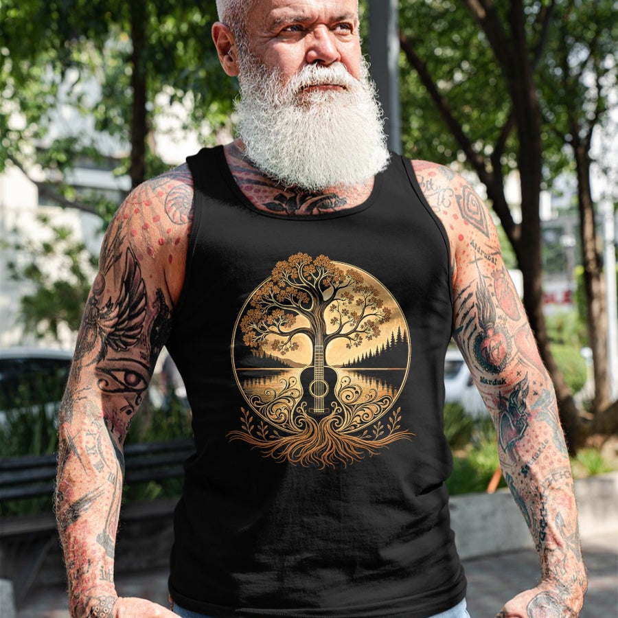 Guitar Lover Shirt, Funny Guitar UnisexT-Shirt/Hoodie/Sweatshirt HLT00 - Acoustic Guitar Tree by the Lake Roots Nature Music T-Shirt