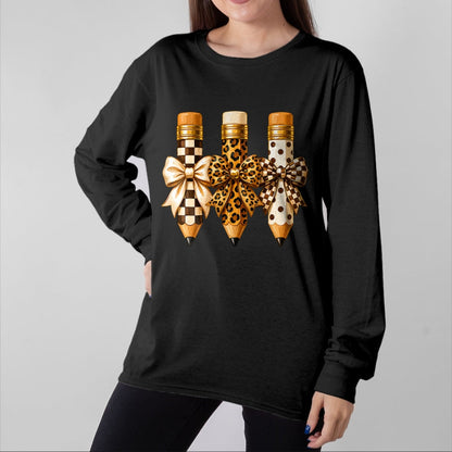 Best Student Shirt, Funny Back To School UnisexT-Shirt/Hoodie/Sweatshirt HLT00 - Preppy Leopard Pencil Bow Coquette Teacher Back to School T-Shirt (3)