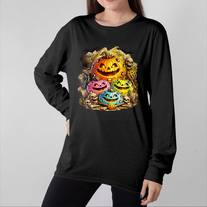 Funny Pickleball Shirt, Pickleball Lover Unisex T-Shirt/Hoodie/Sweatshirt HLT00 - Halloween Pickleball Pumpkins and Skeletons T-Shirt