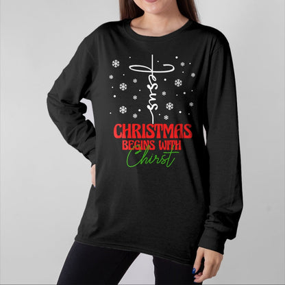 Christian Tee, Christian Faith Unisex T-Shirt/Hoodie/Sweatshirt HLT00 - Christmas Begins With Christ Cross Christian Religious Xmas T-Shirt