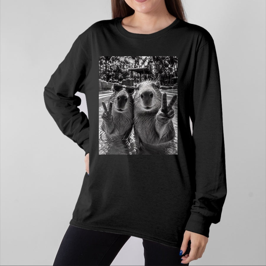 Cute Capybara Shirt, Funny Capybara Unisex T-Shirt/Hoodie/Sweatshirt HLT00 - Funny Capybara Selfie Peace Sign Men Women Cute Animal T-Shirt