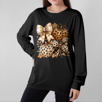 Best Thanksgiving Family Shirt , Funny Thanksgiving UnisexT-Shirt/Hoodie/Sweatshirt HLT00 - Coquette Bow Leopard Pumpkin Thanksgiving Autumn Fall Leaves T-Shirt
