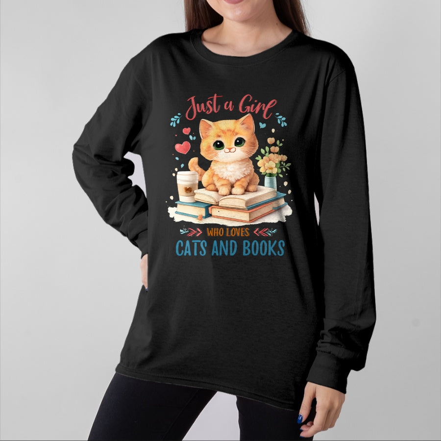 Cat Love Shirt, Funny Cat Lover Gift UnisexT-Shirt/Hoodie/Sweatshirt HLT00 - Just a Girl Who Loves Cats and Books Reading Cat & Bookworm Long Sleeve T-Shirt