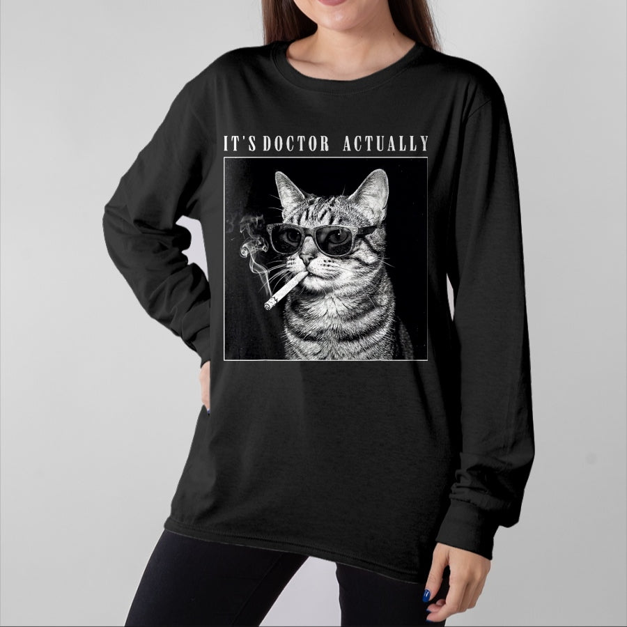 Best Doctor Shirt, Funny Doctor UnisexT-Shirt/Hoodie/Sweatshirt HLT00 - It's Doctor Actually Cool Smoking Cat Funny Phd Graduation T-Shirt, Men, Black, 3X-Large