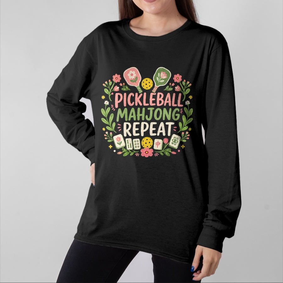 Funny Pickleball Shirt, Pickleball Lover Unisex T-Shirt/Hoodie/Sweatshirt HLT00 - Women's Pickleball Mahjong Repeat Funny Game Lover Men Women V-Neck T-Shirt