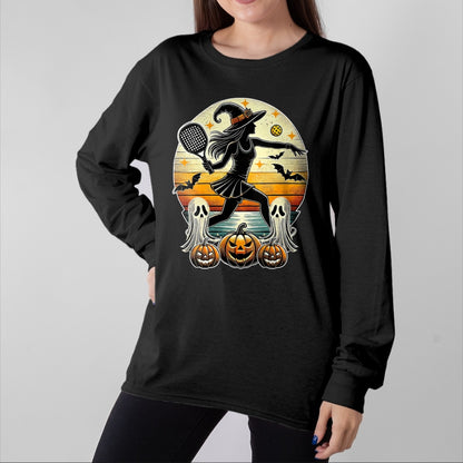 Funny Pickleball Shirt, Pickleball Lover Unisex T-Shirt/Hoodie/Sweatshirt HLT00 - Womens Pickleball Halloween Witch Playing - Jackolantern Ghost V-Neck T-Shirt